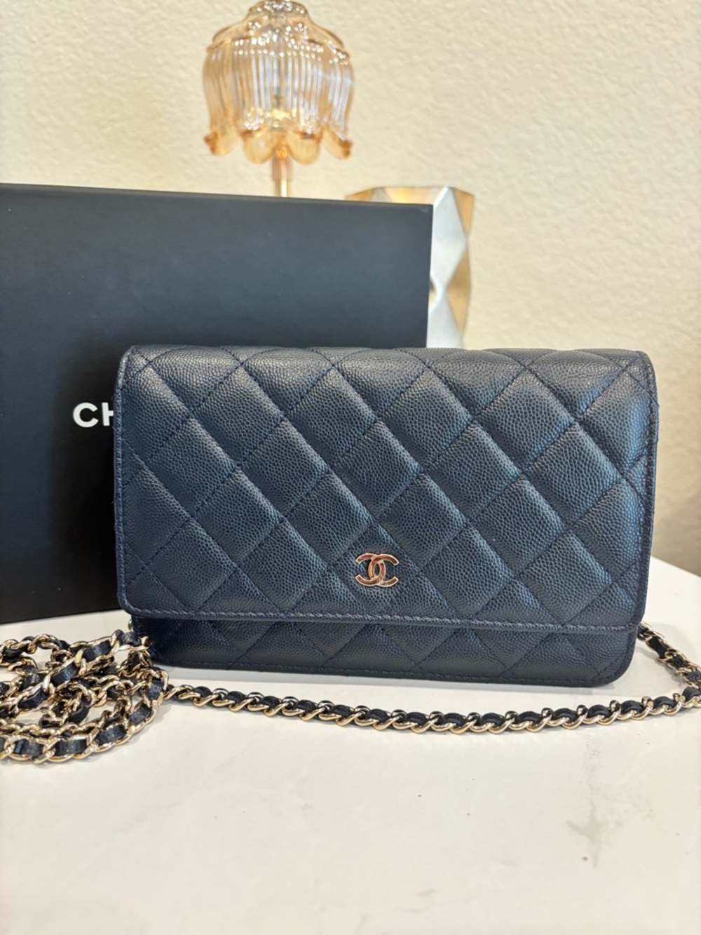 CHANEL Navy Quilted Wallet-on-Chain w/ Card!